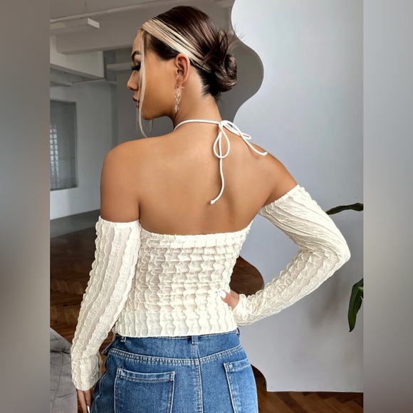 Off The Shoulder Drawstring Ruched Front Textured Top - Picture 2 of 6